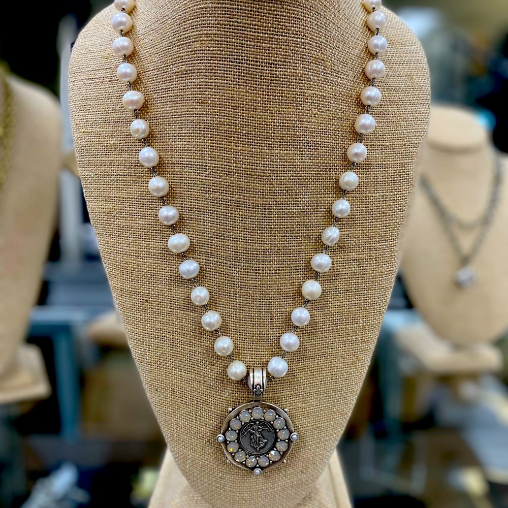 French Kande Long Pearls with Adorned L’Ange Medallion